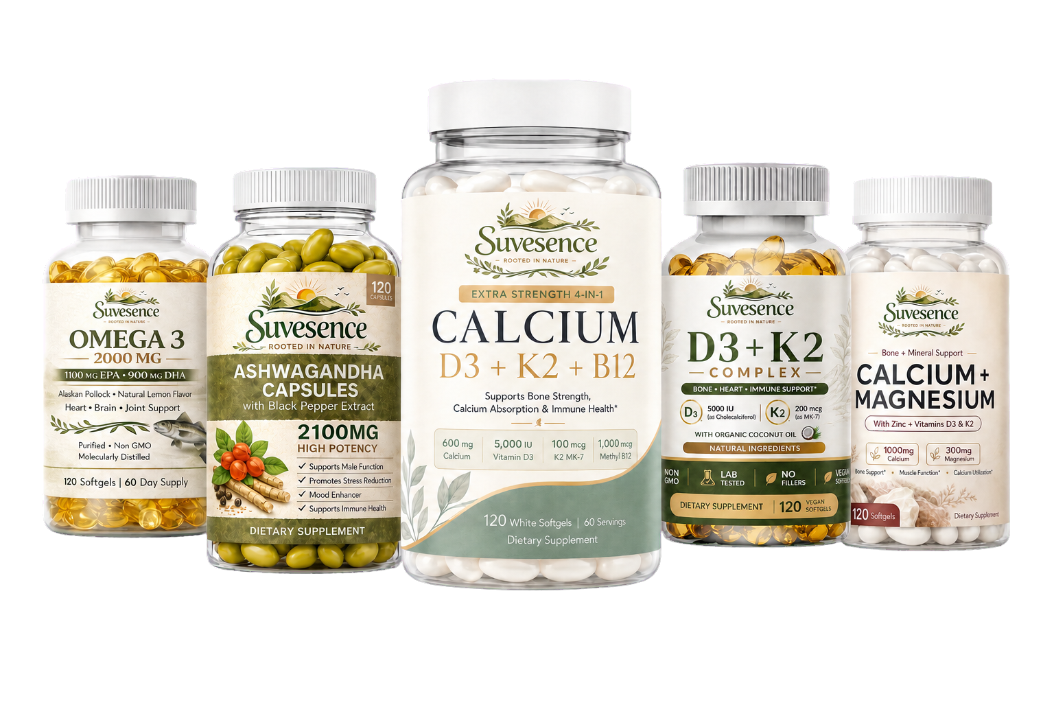 Five Suvesence supplement bottles with Calcium D3, K2 and B12 centered